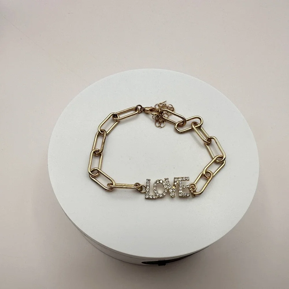 Vintage Y2K Gold Tone Rhinestone LOVE Paperclip Chain Bracelet for Women